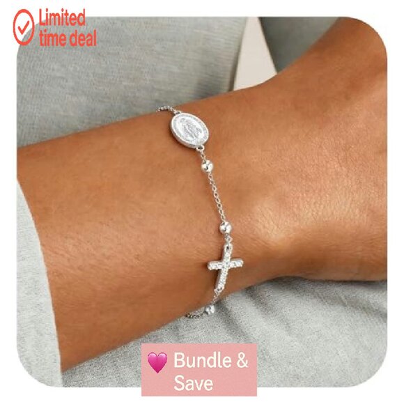 Sterling Silver Cross Charm Bracelet Adjustable Dainty Christian Gift - Picture 6 of 8